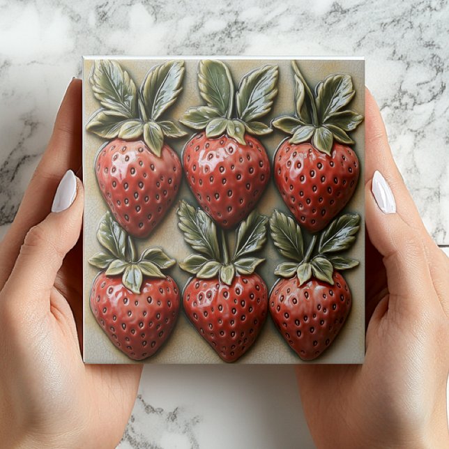 Faux 3D Strawberry Vintage Ceramic Tile Print Fliese (Faux 3D Vintage Strawberries Ceramic Tile - Kitchen Backsplash or Shower Favors)