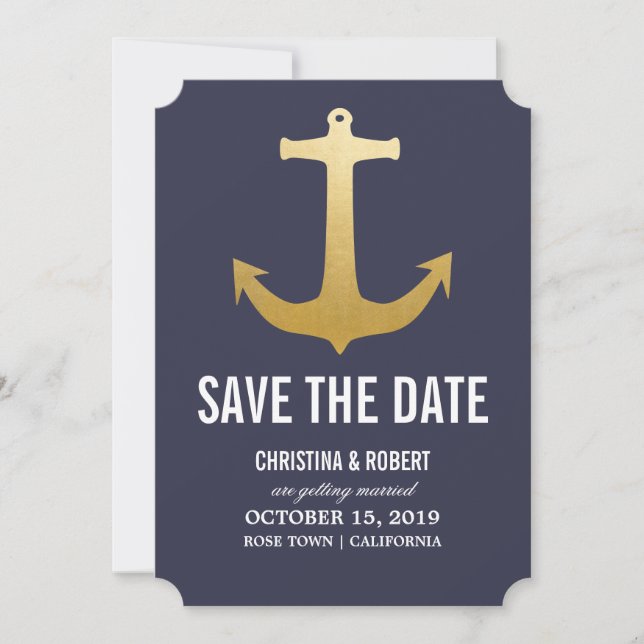 Faux Ancre Naútica de Papier D'or Save The Date (Devant)