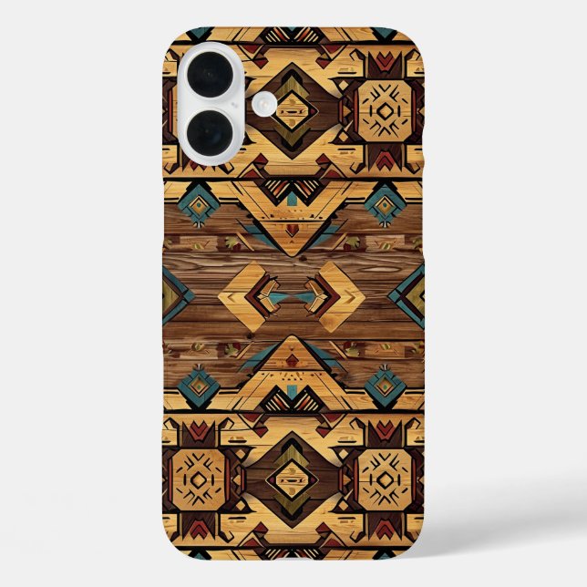 Faux Aztec wood grain iPhone 16 Plus Hülle (Rückseite)