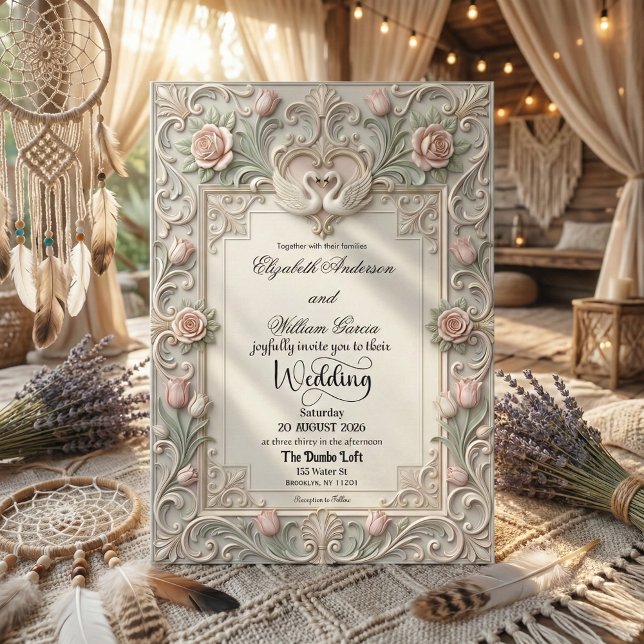 Faux Bas Relief 3D Sculpted Swans Einladung (Von Creator hochgeladen)