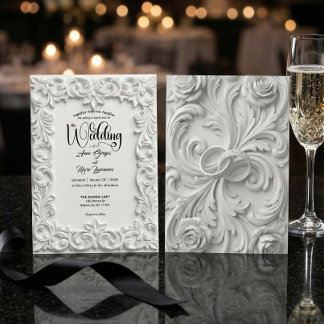 Faux Bas Relief Ornate White Wedding Invitation