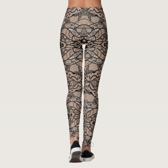 Faux Black Lace Leggings Fleurs Élégantes (Dos)