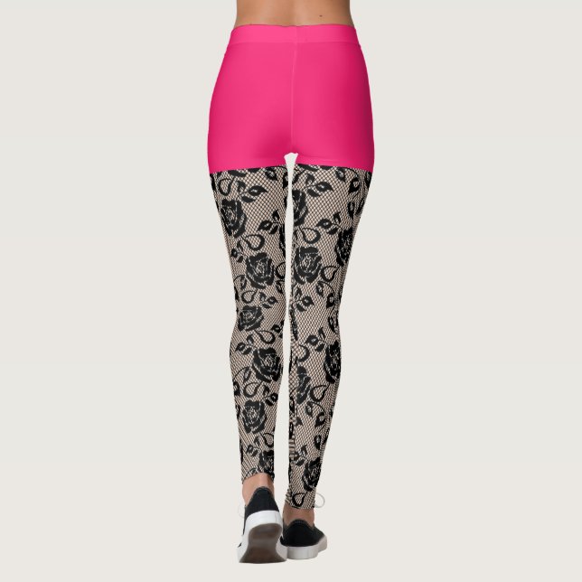 Faux Black Lace Poisson Drôle Drôle Leggings Rose  (Dos)
