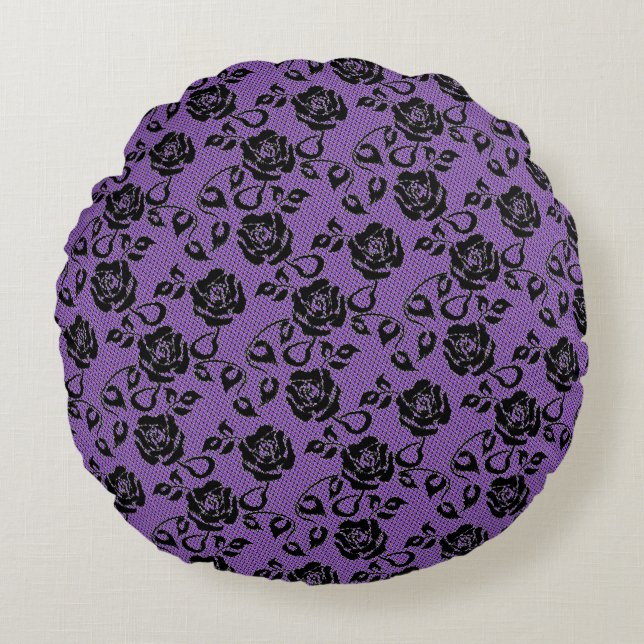 Faux Black Lace Rose Fishnet Purple Round Pillow Rundes Kissen (Vorderseite)