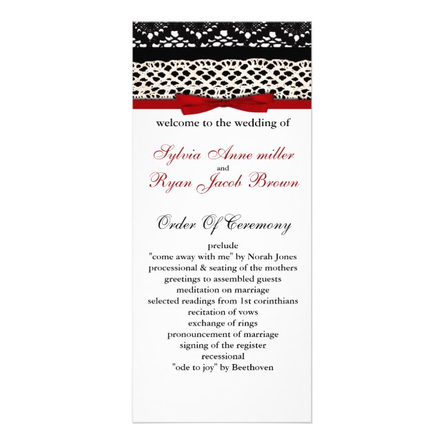 FAUX Black Lace Rouge Ruban Invitations de mariage (Devant)
