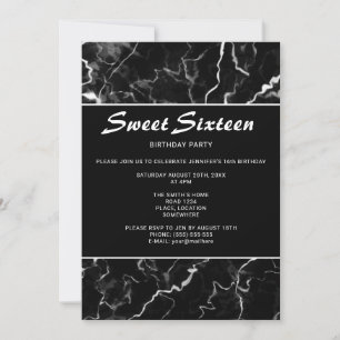 Faux Black Marble Textur Look Süße 16 Geburtstagsf Einladung