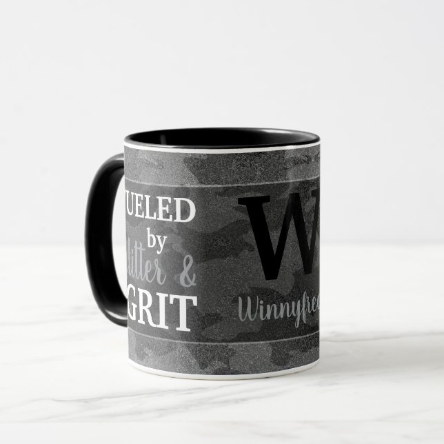 Faux Black Metallic Camouflage Glitter Monogram Tasse (Vorderseite Links)
