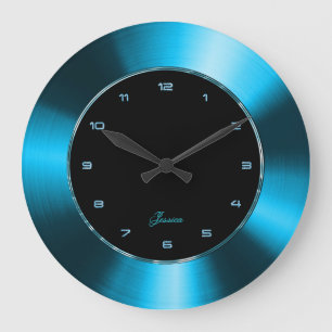 Faux Blau Metallic Design Edelstahl-Look Große Wanduhr