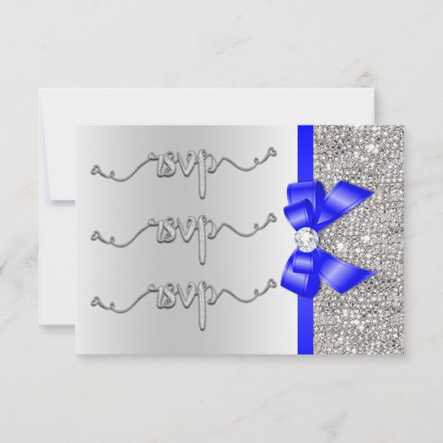 Faux Bleu Royal Nœud Argent Pailleté RSVP Mariage (Devant)