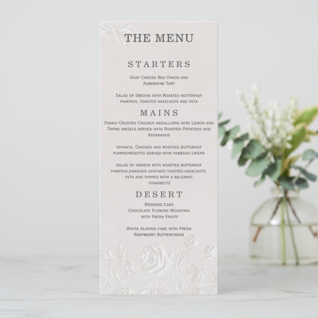 Faux Blind Embossed Arch Wedding Menu Card (Debout devant)