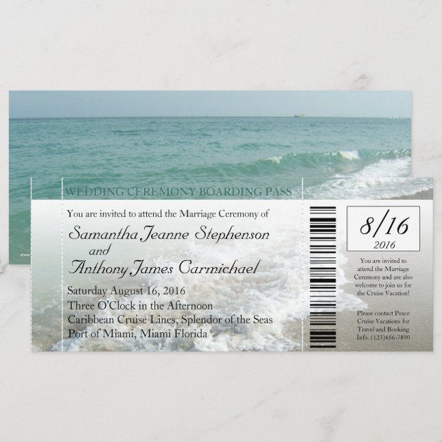 Faux Boarding Pass Plage Mariage Billet Invitation (Devant / Derrière)