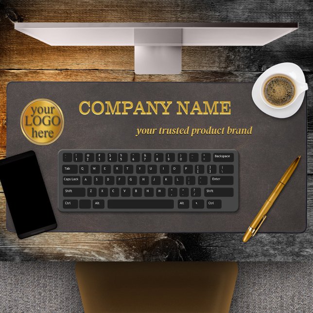 Faux Brown Leather Company Mat de bureau (Desk mat featuring your custom logo on a brown faux leather background)