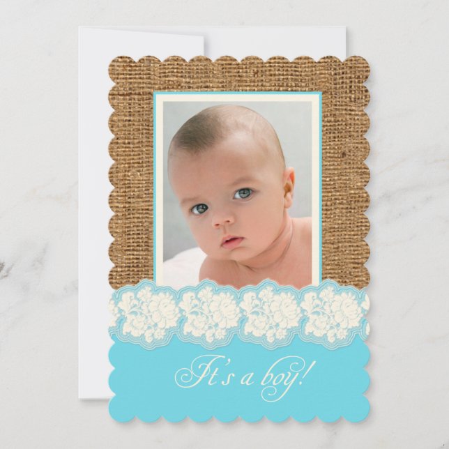 FAUX Burlap, Baby shower photo dentelle Invitation (Devant)