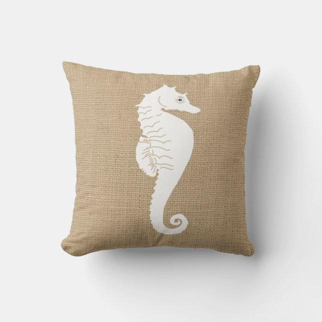 Faux Burlap Oreiller Nautique avec Cheval de Mer (Recto)