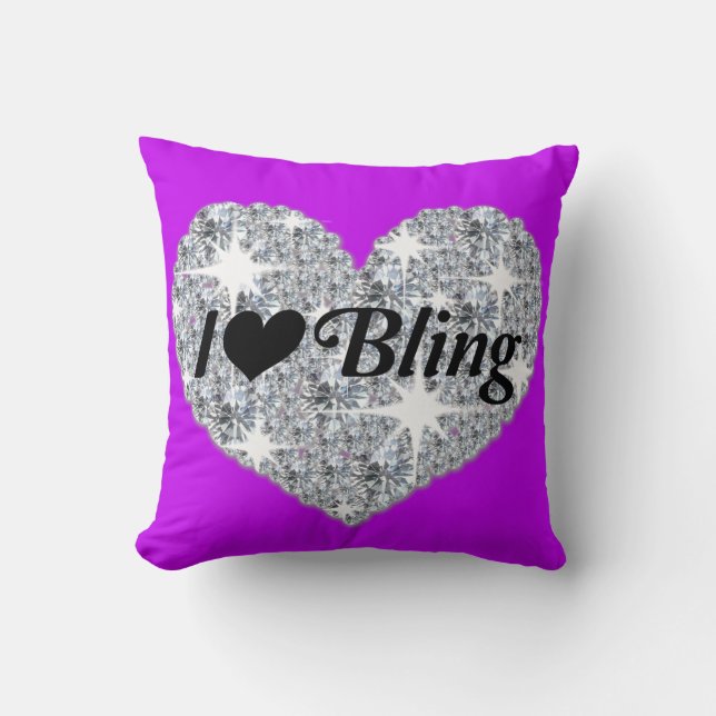 Faux coeur diamant j'aime bling violet coussin (Recto)