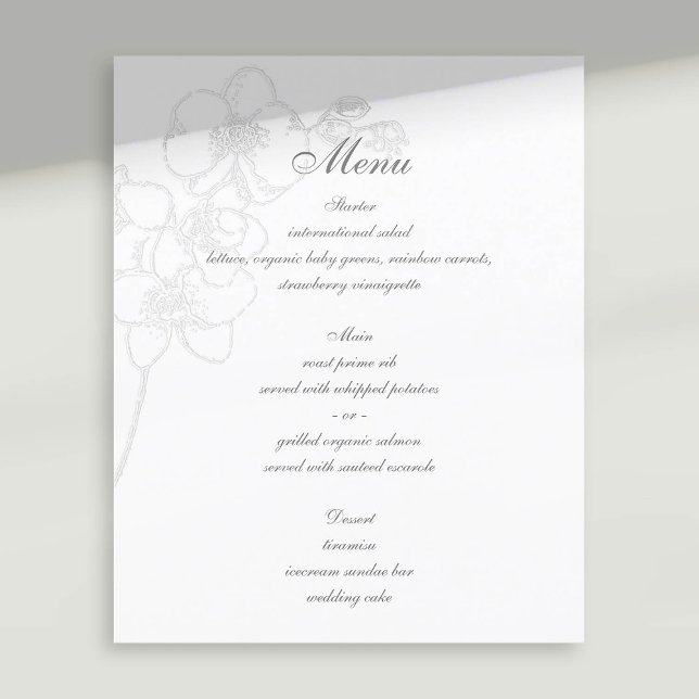 Faux Embossé Orchidée Menu Mariage traditionnel (formal wedding menu faux embossed orchid floral modern classic traditional calligraphy)