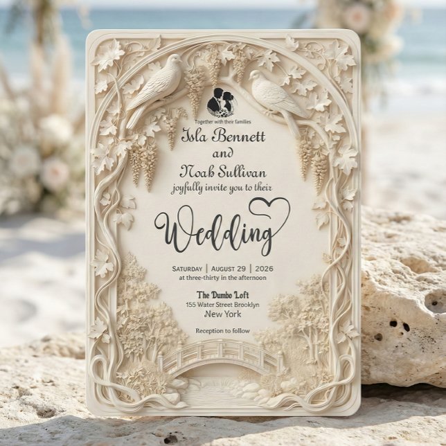 Faux Embossed Carved Cream Bas Relief Wedding Einladung (Von Creator hochgeladen)