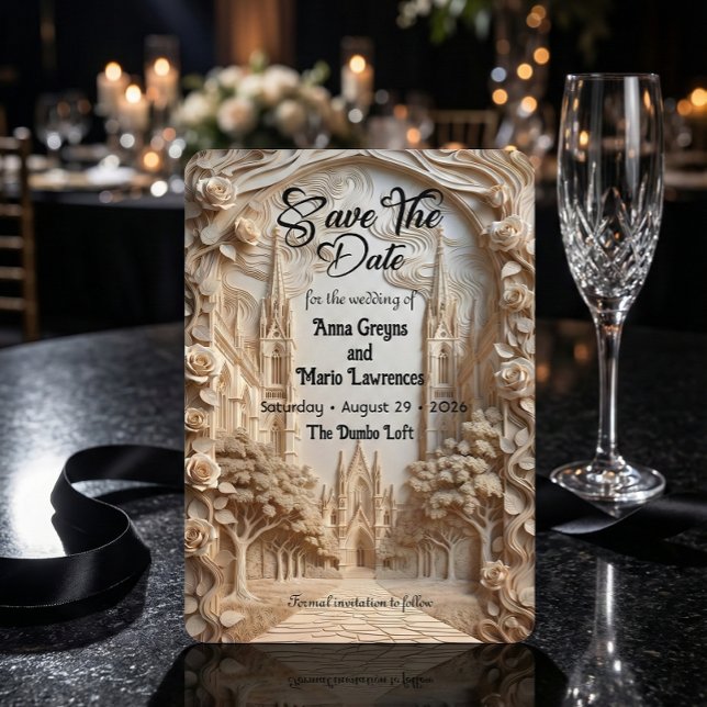 Faux Embossed Cathedral Arch Floral Relief Save The Date (Von Creator hochgeladen)