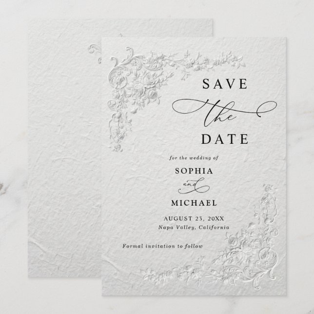 Faux Embossed Floral Wedding Save the Date  I Einladung (Vorne/Hinten)