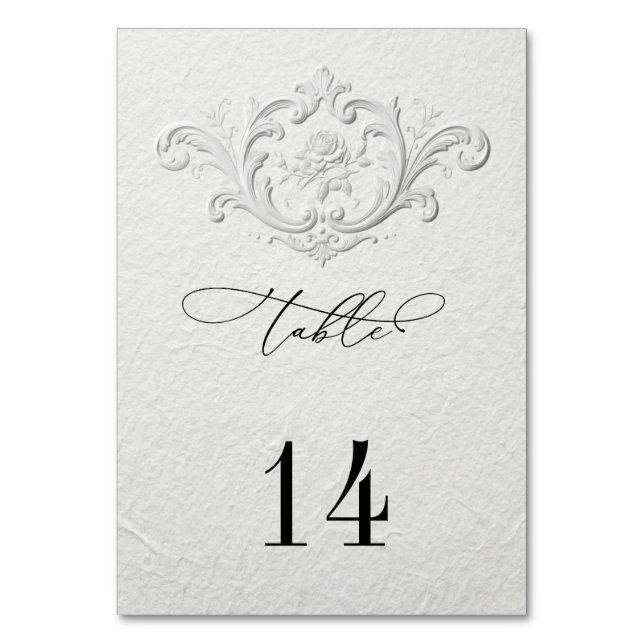 Faux Embossed Floral Wedding Table Numbers Tischnummer (Vorderseite)