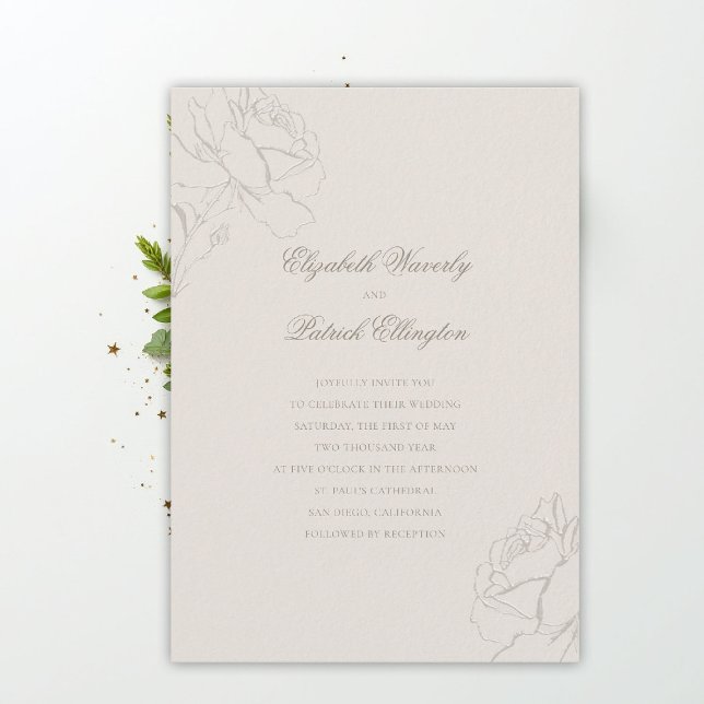 Faux Embossed Roses Ecru Modern Classic Wedding Einladung (ethereal wedding theme ecru invitation formal traditional modern classic floral roses elevated)