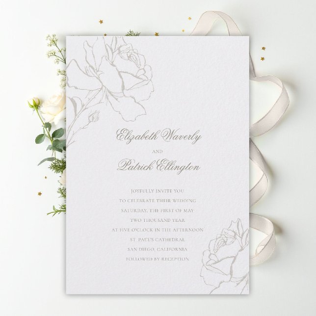 Faux Embossed Roses Pearl Formal Classic Wedding Einladung (ethereal wedding theme pearl white invitation formal traditional modern classic floral roses elegant)