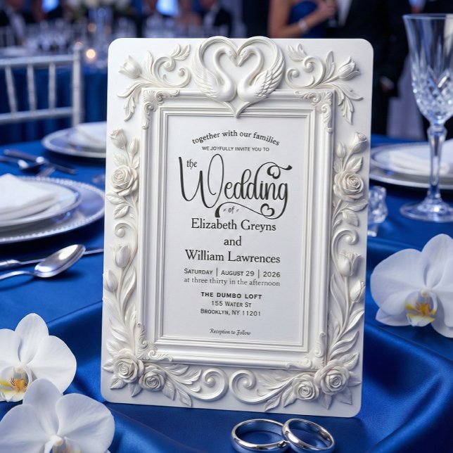 Faux Embossed Swans & Roses Fairytale Wedding Einladung (Von Creator hochgeladen)