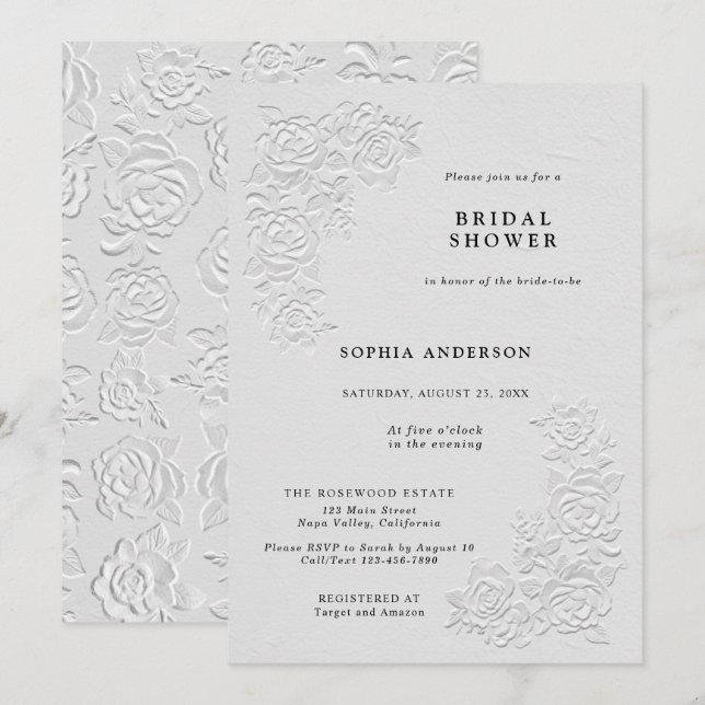 Faux Embossed White Roses Bridal Shower Invitation (Devant / Derrière)