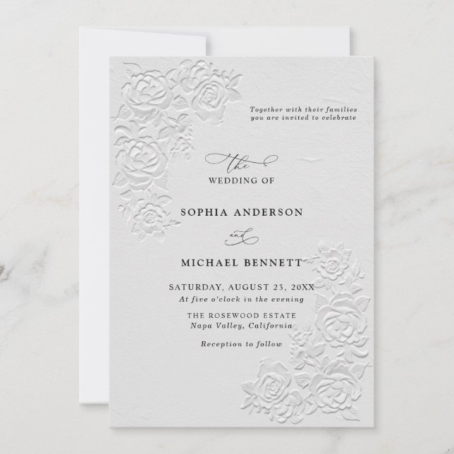 Faux Embossed White Roses Wedding Invitation (Devant)