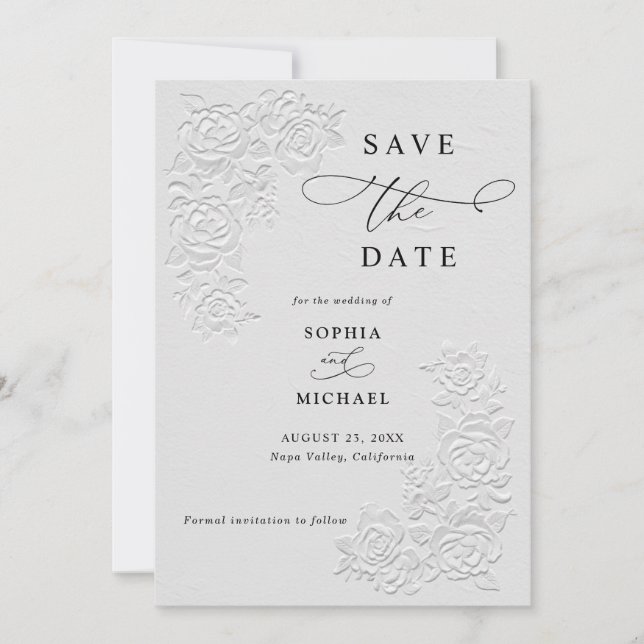 Faux Embossed White Roses Wedding Save the Date  Einladung (Vorderseite)
