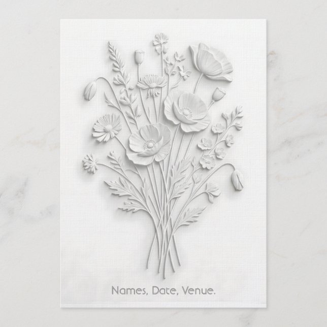 Faux Embossed Wildflower White on White Minimalist Einladung (Vorderseite)
