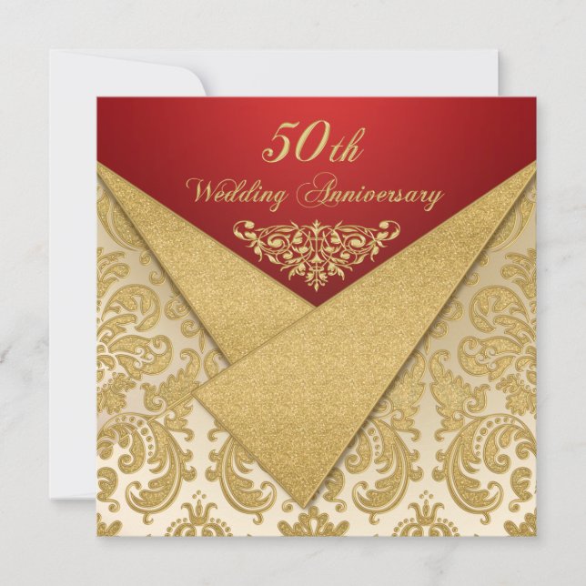 FAUX Flaps Gold Damask 50e anniversaire Invitation (Devant)