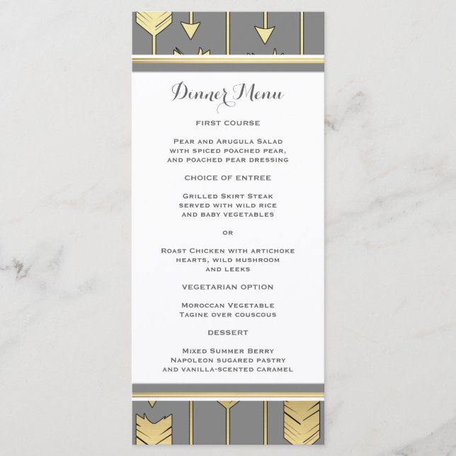 Faux Foil Golden Arrows Gray Slim Menu Dîner (Devant)