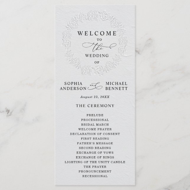 Faux geprägtes weißes Rosen-Hochzeitsprogramm Programm (Vorderseite)