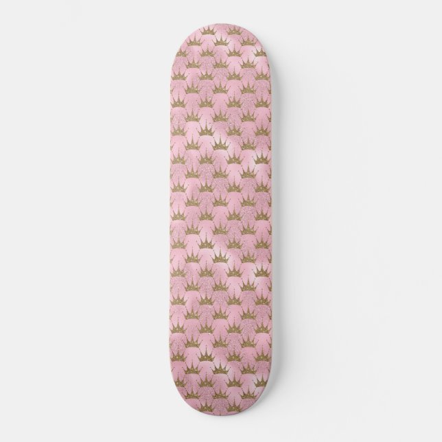 Faux Glitter Pink and Gold Mermaid Crown Skateboard (Vorderseite)