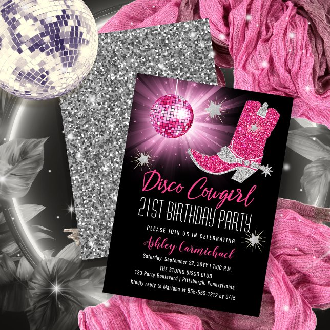 Faux Glitter Pink Disco Cowgirl 21 Birthday Party Einladung (Disco Cowgirl 21st Birthday Party Invitations -- Print and/or Download)