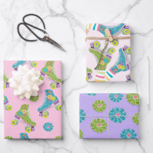 Faux Glitter Roller Skating Blumen Party Geschenkpapier Set
