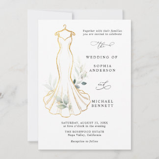Faux Gold and Greenery Wedding Dress Invitation