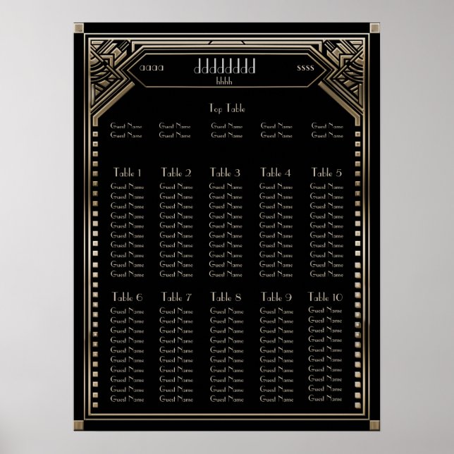 Faux Gold Art Déco Gatsby Mariage Seing Chart (Devant)