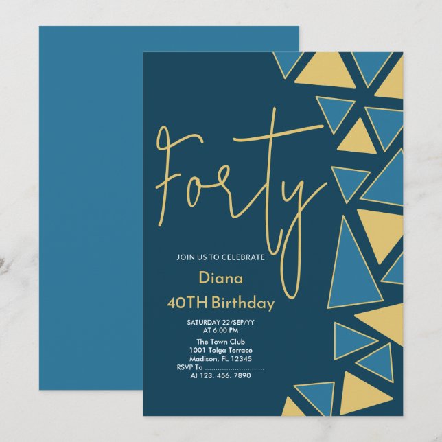 Faux Gold & Blue Anniversaire Invitation (Devant / Derrière)
