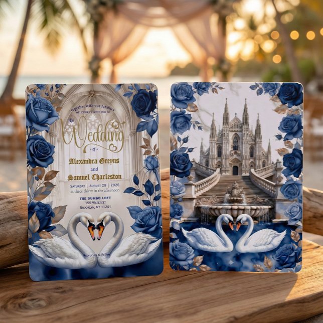Faux Gold & Bronze Swans Marble Cathedral Wedding Einladung (Von Creator hochgeladen)