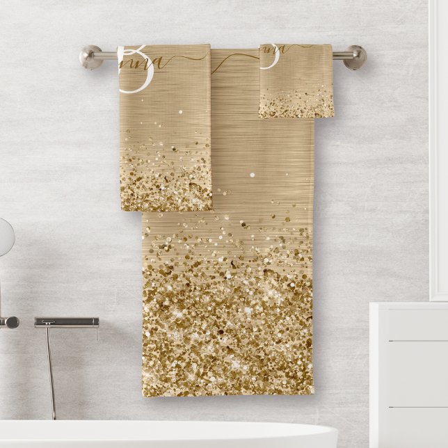 Faux Gold brossé Parties scintillant métallique Im (Pamper yourself with this glamorous bath towel set with your name and monogram o gold background.)