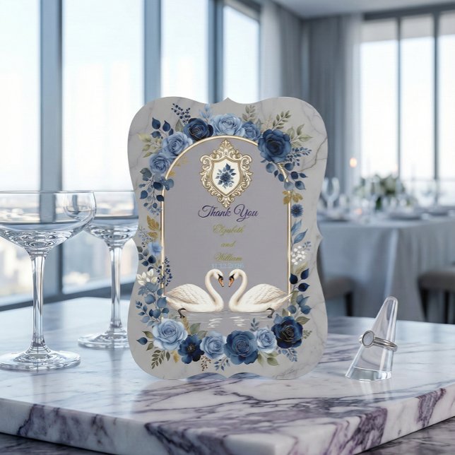 Faux Gold Crest & Watercolor Blue Swans Dankeskarte (Von Creator hochgeladen)