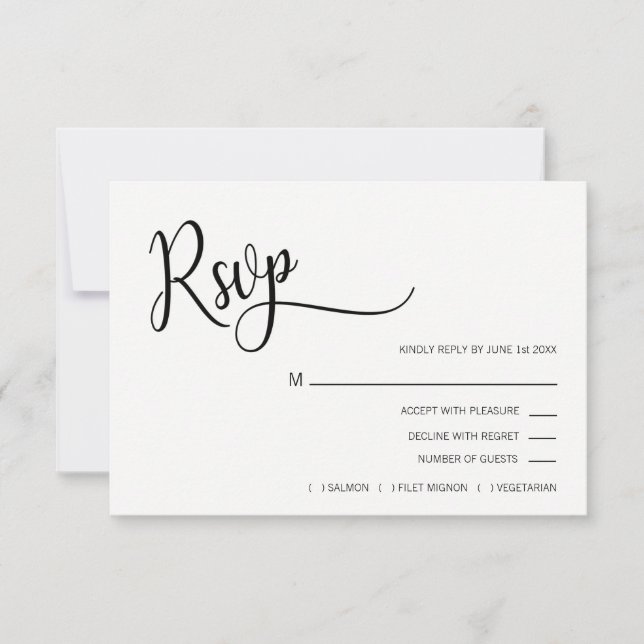 Faux Gold Foil Noir & Blanc RSVP Menu Mariage (Devant)