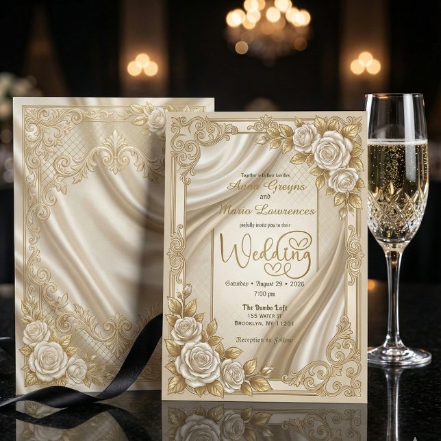 Faux Gold Foil Ornate Filigree & Printed Satin Einladung (Von Creator hochgeladen)