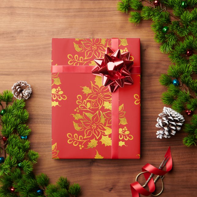 Faux Gold Foil Poinsettias Christmas Trees  Geschenkpapier (Feiertagsgeschenk)