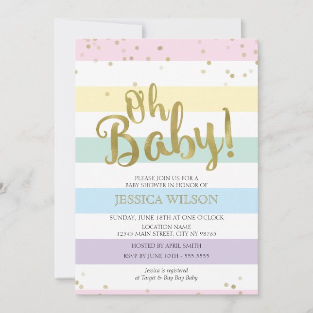 Faux Gold Foil Rainbow Stripes Oh Baby Shower Einladung (Vorderseite)