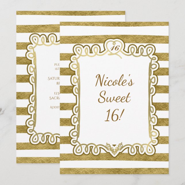 Faux Gold Foil & White Heart Frame Invitations (Devant / Derrière)