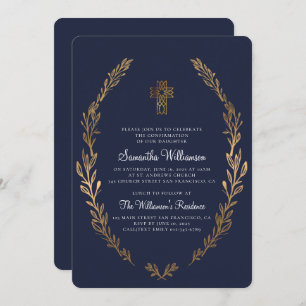 Faux Gold Foliage Blue Confirmation Invitation