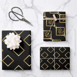 FAUX Gold Geometric Pattern with Monogram on BLACK Geschenkpapier Set